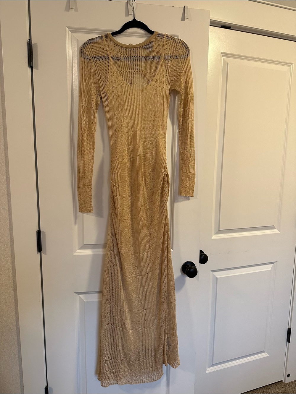 Reiss Atelier Lucia Lace Knit Rouched Long-Sleeve Maxi Dress in Gold NWOT - Picture 7 of 12